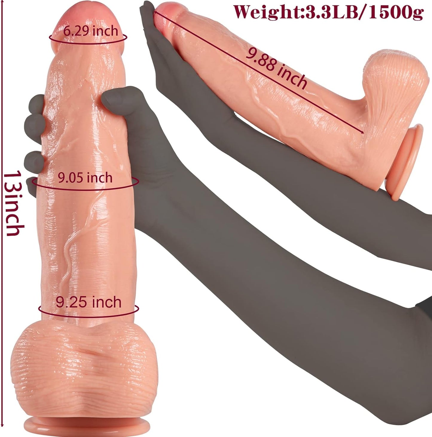13 Inch Extra Thick Realistic Dildo with Strong Suction Cup Base, Large Adult Toy for Hands-Free Use, 9.88 Inch Insertable Length, Heavyweight 1500g Design, Flesh Tone