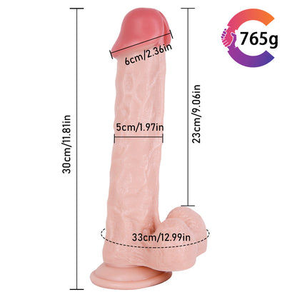 Realistic Suction Cup Dildo 12" Flexible Soft Silicone Waterproof Adult Toy