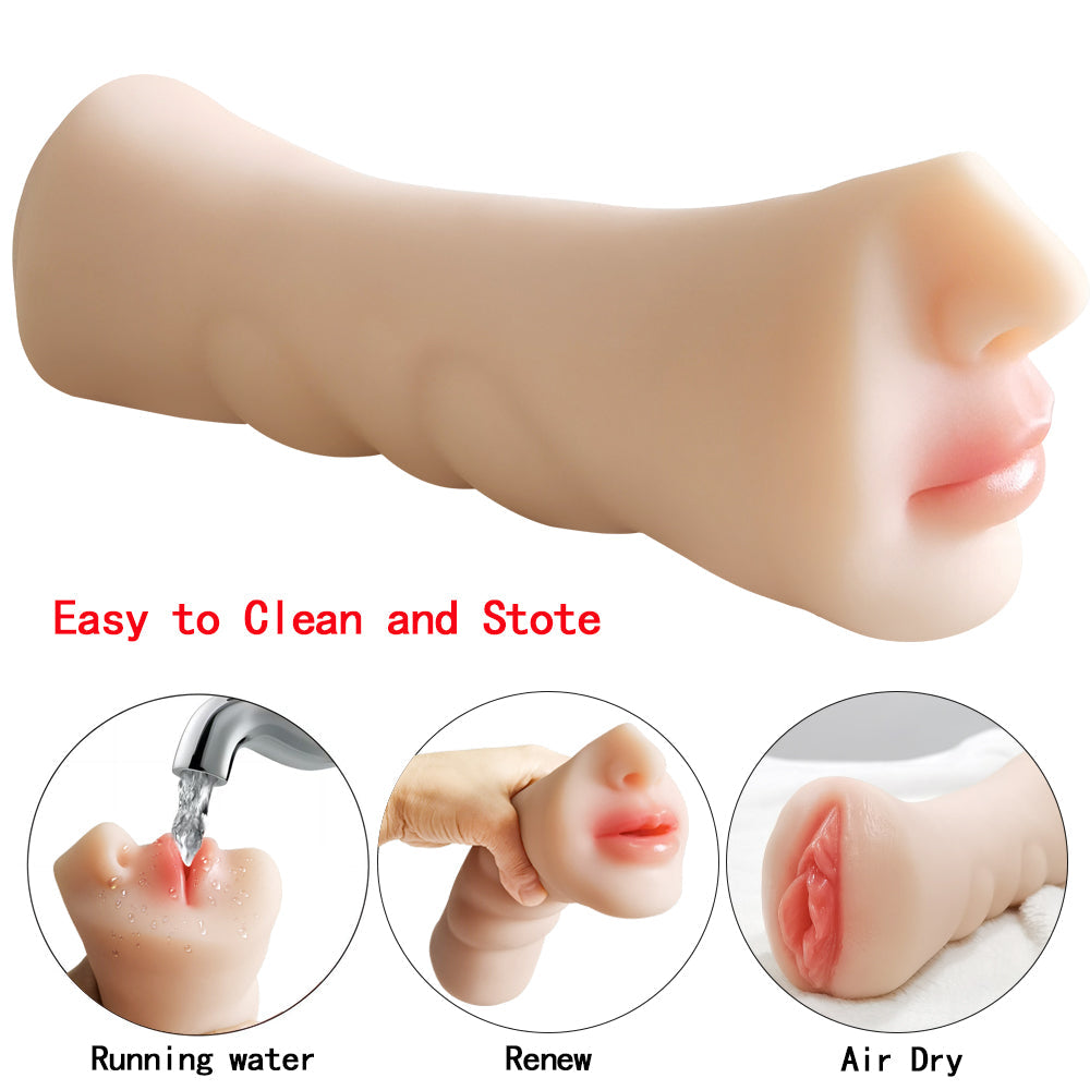Realistic Dual Channel Male Masturbator Sleeve | Soft Silicone Textured Stroker with Two Internal Tunnels | Compact Waterproof Pleasure Toy, Reusable Stroker Sex Toy for Men