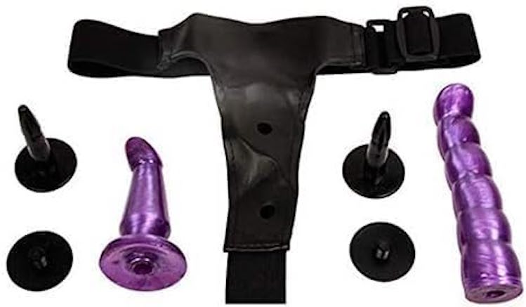 Double Strap On Harness Set Adjustable Couples Strap-On with 2 Dildos Purple & Black