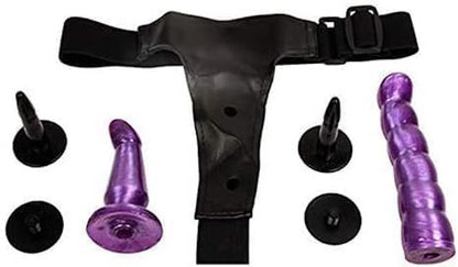 Double Strap On Harness Set Adjustable Couples Strap-On with 2 Dildos Purple & Black