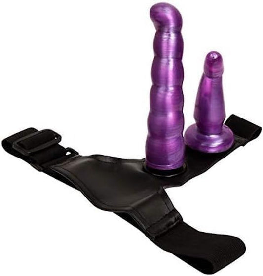 Double Strap On Harness Set Adjustable Couples Strap-On with 2 Dildos Purple & Black