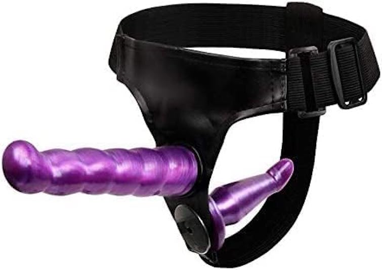 Double Strap On Harness Set Adjustable Couples Strap-On with 2 Dildos Purple & Black