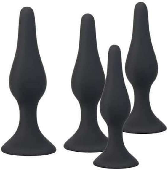 4X Anal-Plug with Strong Suction Cup, Erotic Desire for Him and Her with Smooth Silicone Dildo Set S + M + L + XL, Butt-Plug Black