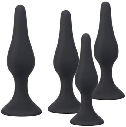 4X Anal-Plug with Strong Suction Cup, Erotic Desire for Him and Her with Smooth Silicone Dildo Set S + M + L + XL, Butt-Plug Black
