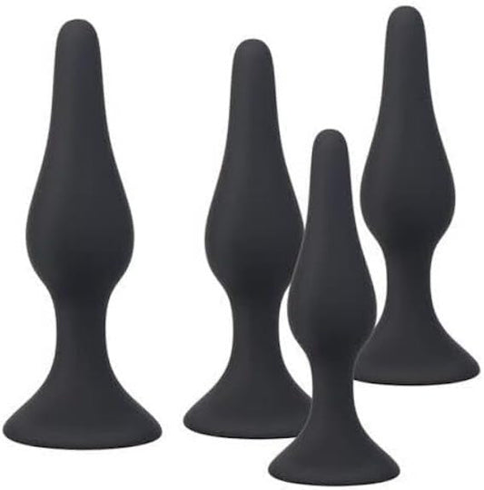 4X Anal-Plug with Strong Suction Cup, Erotic Desire for Him and Her with Smooth Silicone Dildo Set S + M + L + XL, Butt-Plug Black
