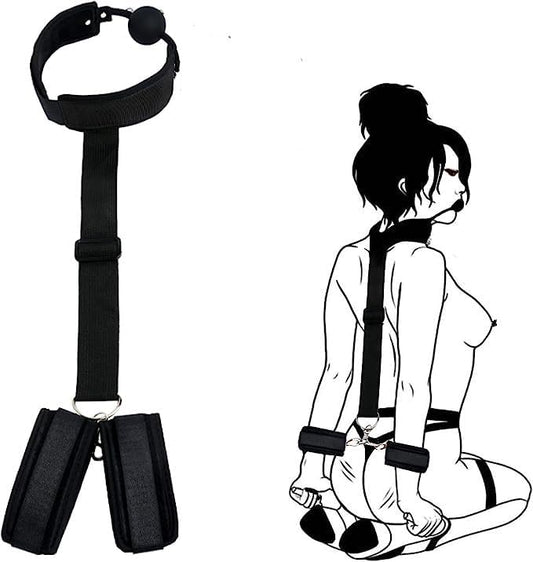 Adjustable Neck to Wrist Restraints with Ball Gag – Padded Bondage Role Play Set – Adult