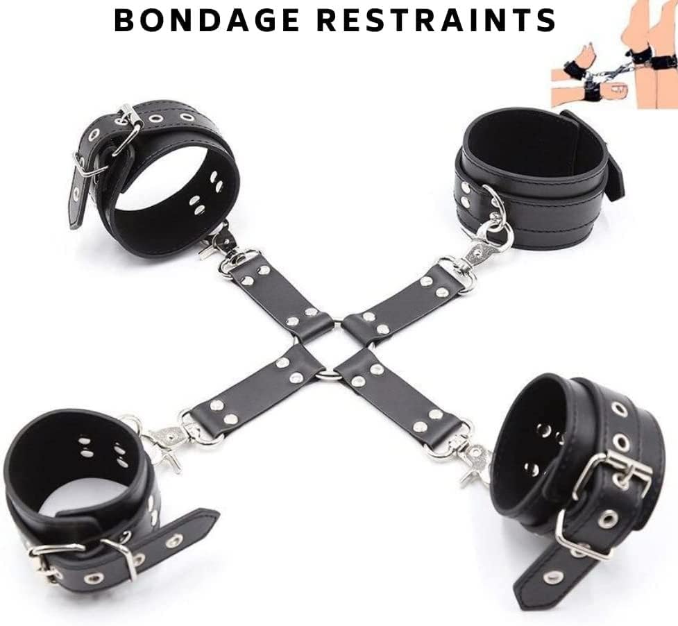 4 Point BDSM Sex Restraint Kit Padded Wrist & Ankle Cuffs with X Connector Strap Black PU Leather Bondage Cuffs for Couples Roleplay Adult Fetish Gear