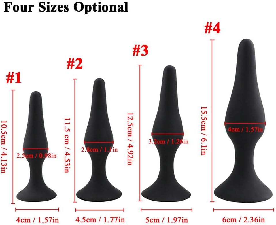4X Anal-Plug with Strong Suction Cup, Erotic Desire for Him and Her with Smooth Silicone Dildo Set S + M + L + XL, Butt-Plug Black