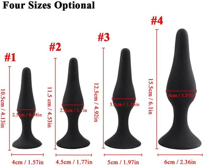 4X Anal-Plug with Strong Suction Cup, Erotic Desire for Him and Her with Smooth Silicone Dildo Set S + M + L + XL, Butt-Plug Black
