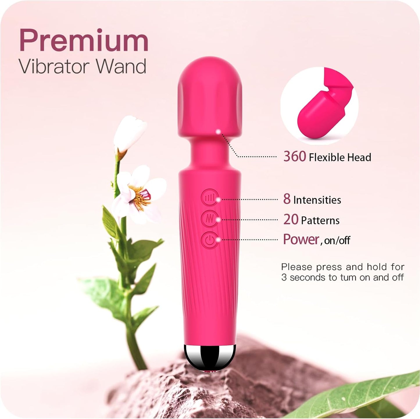 Rechargeable Wand Vibrator with 20 Stimulating Modes & 8 Powerful Speeds - Adult Sex Toys for Couple Waterproof Wands for Adults in Safe Silicone - Quiet Small & Slim Vibrating Magic Wand