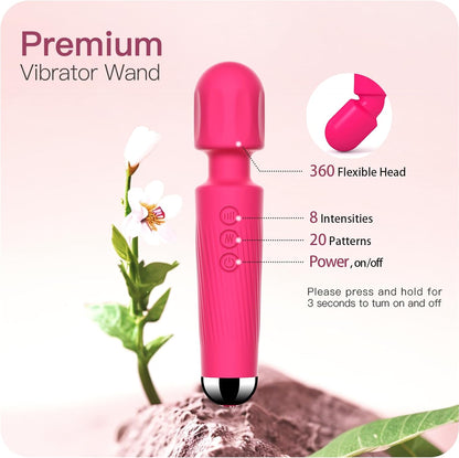 Rechargeable Wand Vibrator with 20 Stimulating Modes & 8 Powerful Speeds - Adult Sex Toys for Couple Waterproof Wands for Adults in Safe Silicone - Quiet Small & Slim Vibrating Magic Wand