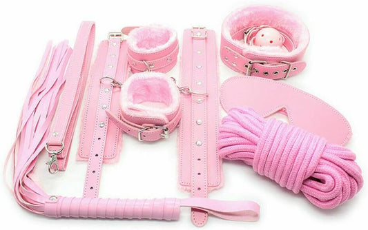 7PCS BDSM Bondage Restraint Kit PU Leather Cuffs Collar Rope Whip Mask Discreet