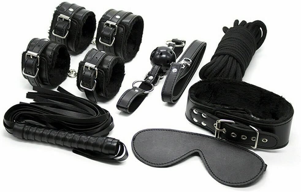 7PCS BDSM Sex Bondage Restraint Kit for Couples – PU Leather Handcuffs, Ankle Cuffs, Collar, Rope, Whip & Blindfold – Adult Sex Toy Set with Discreet Packaging (Pink)