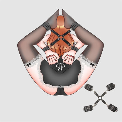 4 Point BDSM Sex Restraint Kit Padded Wrist & Ankle Cuffs with X Connector Strap Black PU Leather Bondage Cuffs for Couples Roleplay Adult Fetish Gear