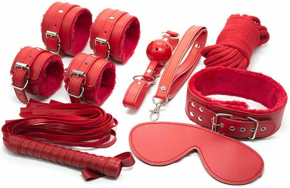 7PCS BDSM Sex Bondage Restraint Kit for Couples – PU Leather Handcuffs, Ankle Cuffs, Collar, Rope, Whip & Blindfold – Adult Sex Toy Set with Discreet Packaging (Pink)