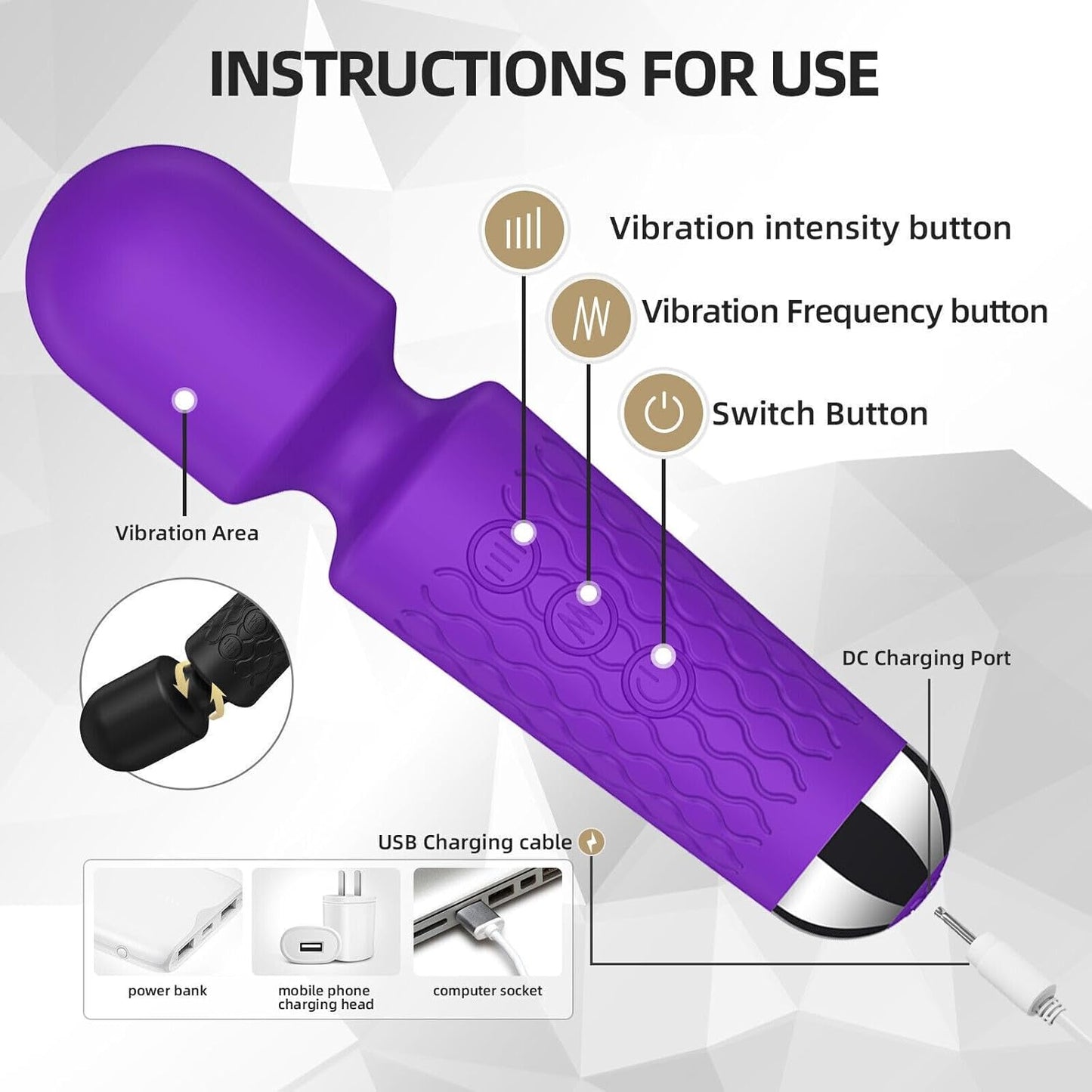 Rechargeable Wand Vibrator with 20 Stimulating Modes & 8 Powerful Speeds - Adult Sex Toys for Couple Waterproof Wands for Adults in Safe Silicone - Quiet Small & Slim Vibrating Magic Wand