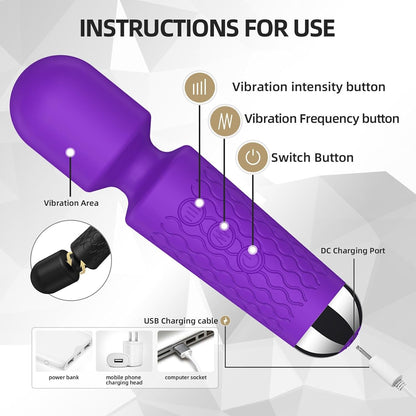 Rechargeable Wand Vibrator with 20 Stimulating Modes & 8 Powerful Speeds - Adult Sex Toys for Couple Waterproof Wands for Adults in Safe Silicone - Quiet Small & Slim Vibrating Magic Wand