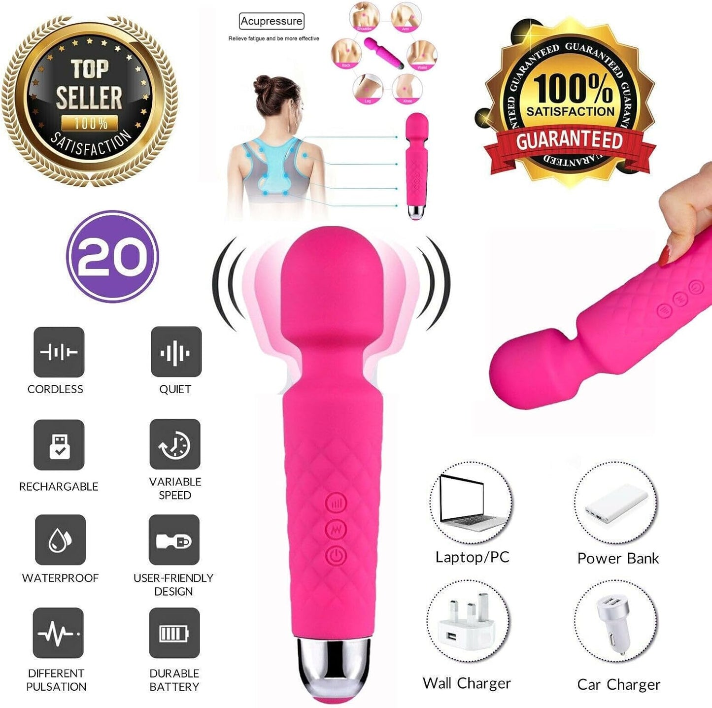Rechargeable Wand Vibrator with 20 Stimulating Modes & 8 Powerful Speeds - Adult Sex Toys for Couple Waterproof Wands for Adults in Safe Silicone - Quiet Small & Slim Vibrating Magic Wand