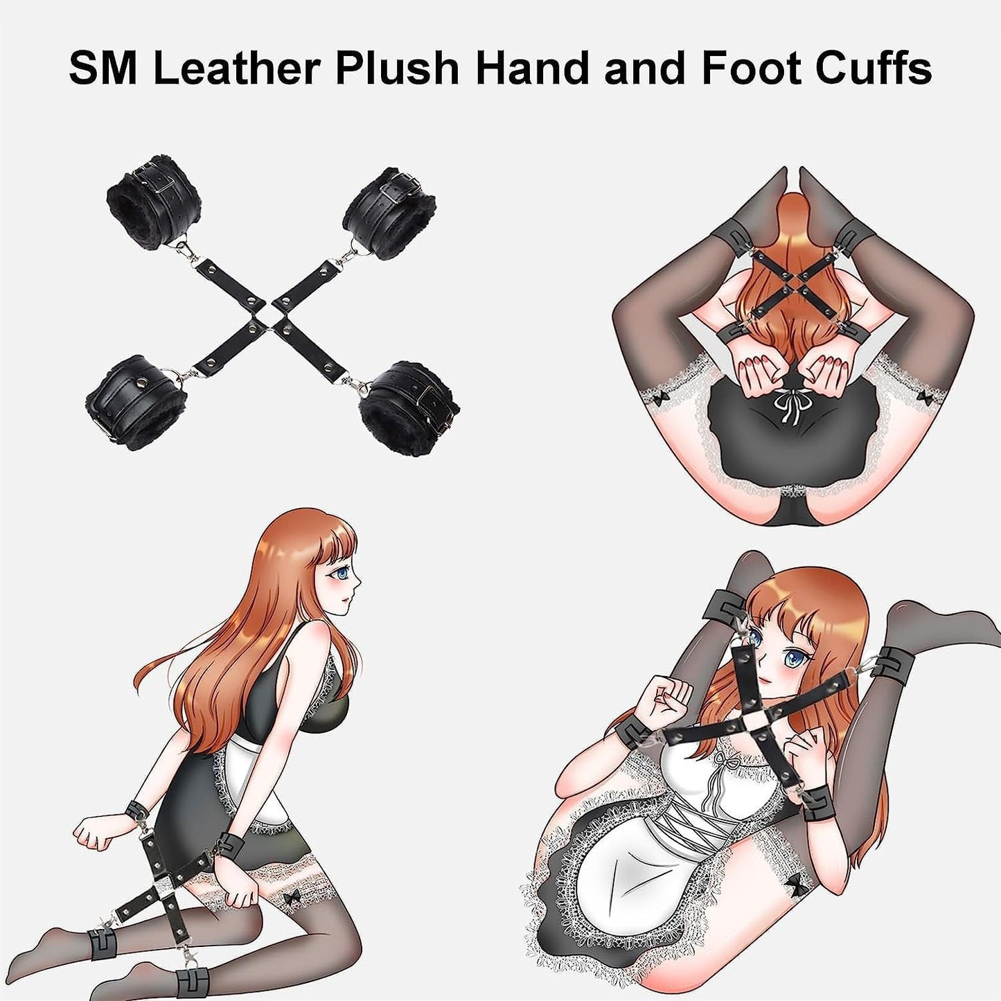 4 Point BDSM Sex Restraint Kit Padded Wrist & Ankle Cuffs with X Connector Strap Black PU Leather Bondage Cuffs for Couples Roleplay Adult Fetish Gear