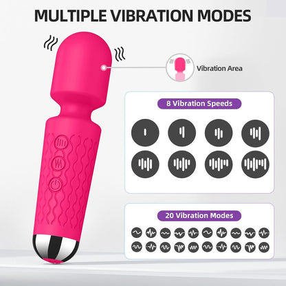 Rechargeable Wand Vibrator with 20 Stimulating Modes & 8 Powerful Speeds - Adult Sex Toys for Couple Waterproof Wands for Adults in Safe Silicone - Quiet Small & Slim Vibrating Magic Wand