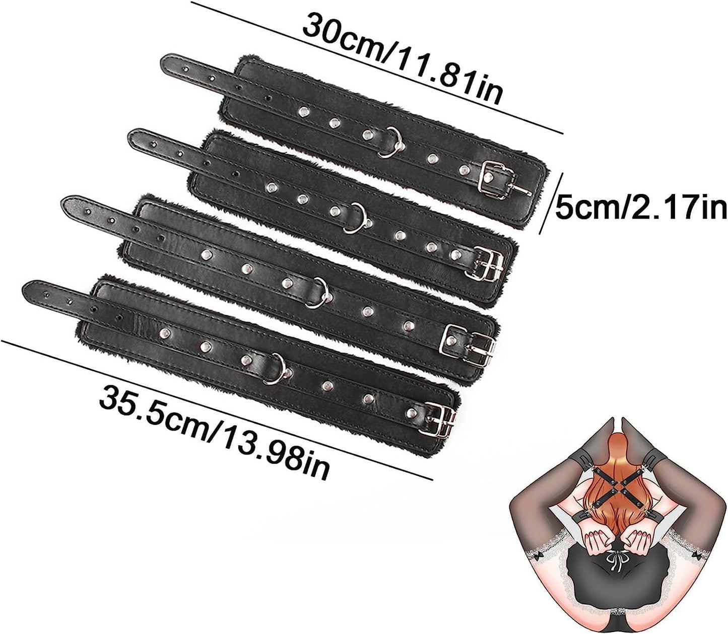 4 Point BDSM Sex Restraint Kit Padded Wrist & Ankle Cuffs with X Connector Strap Black PU Leather Bondage Cuffs for Couples Roleplay Adult Fetish Gear