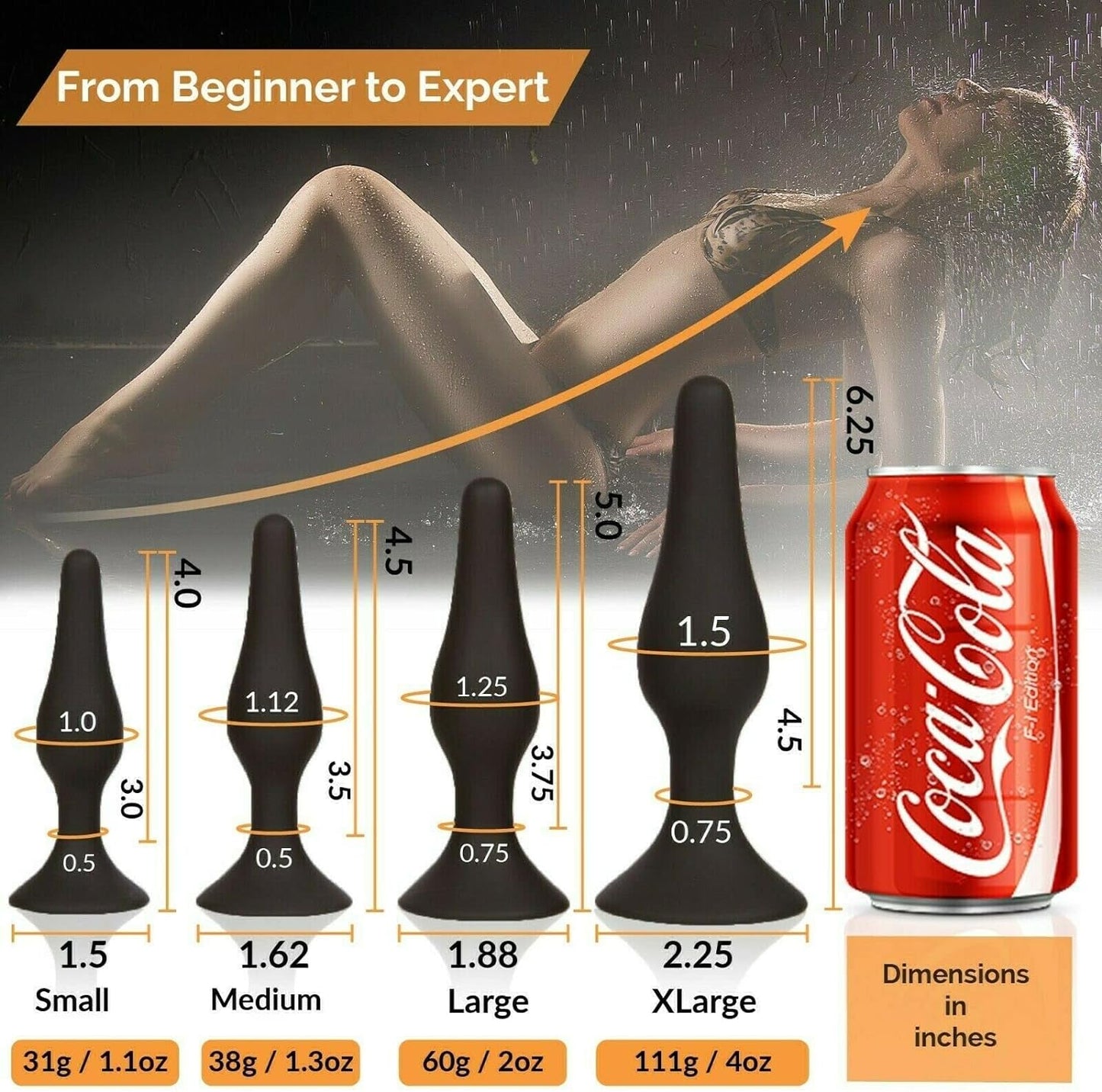 4X Anal-Plug with Strong Suction Cup, Erotic Desire for Him and Her with Smooth Silicone Dildo Set S + M + L + XL, Butt-Plug Black