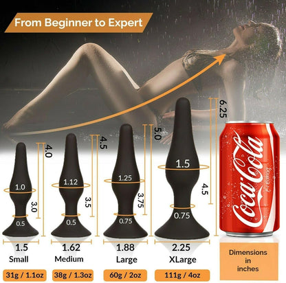 4X Anal-Plug with Strong Suction Cup, Erotic Desire for Him and Her with Smooth Silicone Dildo Set S + M + L + XL, Butt-Plug Black