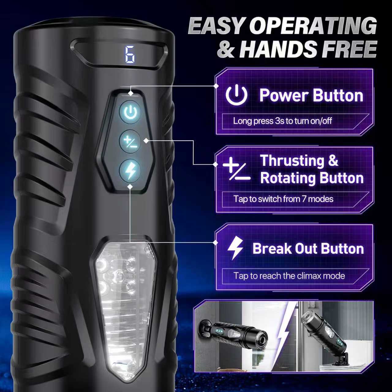 Rechargeable Male Personal Massager Cup Thrusting Rotating 7 Modes Suction Base