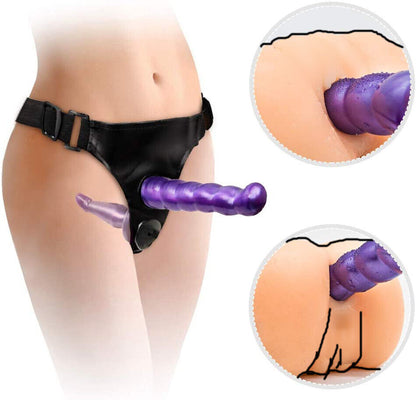 Double Strap On Harness Set Adjustable Couples Strap-On with 2 Dildos Purple & Black