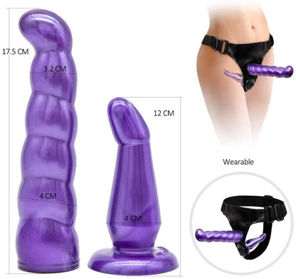 Double Strap On Harness Set Adjustable Couples Strap-On with 2 Dildos Purple & Black