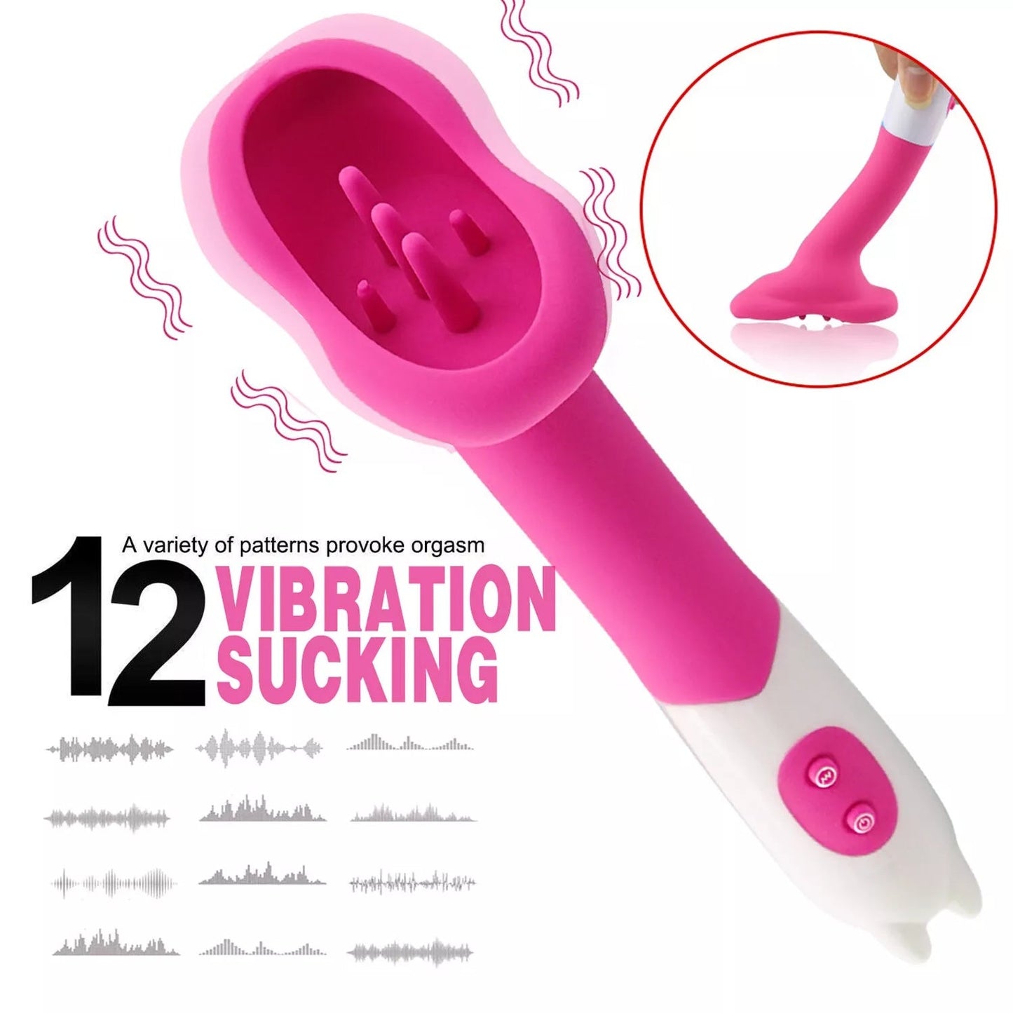 12 Mode Clitoral Suction Vibrator Waterproof Silicone Massager Pink (AAA Battery)