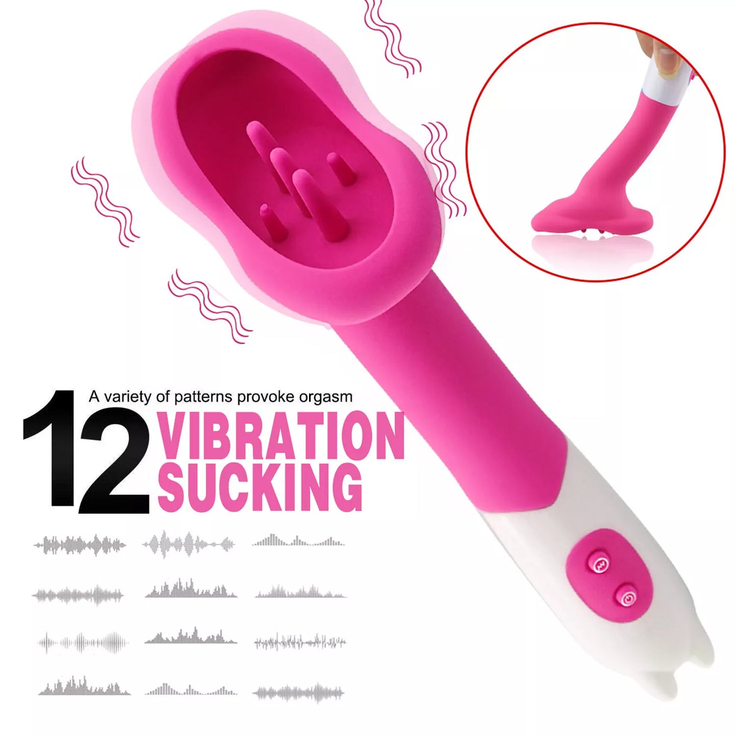 12 Mode Clitoral Suction Vibrator Waterproof Silicone Massager Pink (AAA Battery)