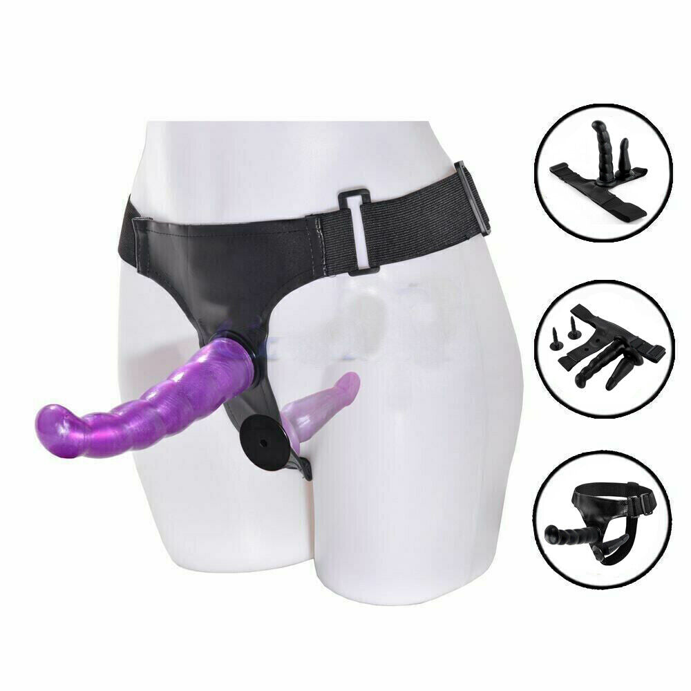 Double Strap On Harness Set Adjustable Couples Strap-On with 2 Dildos Purple & Black