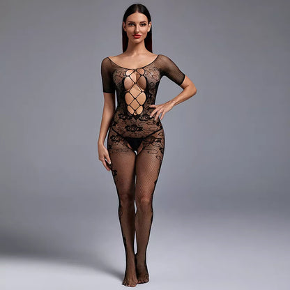 Womens Sexy Lingerie See-Through Mesh Bodystocking Full Body Stockings Fishnet Lace Babydoll Nightwear Sleeveless Hollow Out Stripe Stretchy Tights Naughty Jumpsuit