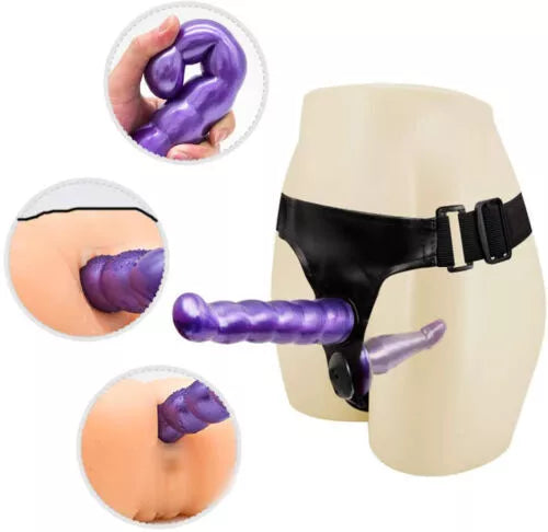 Double Strap On Harness Set Adjustable Couples Strap-On with 2 Dildos Purple & Black