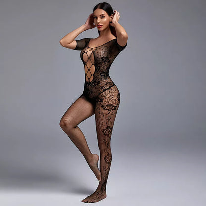 Womens Sexy Lingerie See-Through Mesh Bodystocking Full Body Stockings Fishnet Lace Babydoll Nightwear Sleeveless Hollow Out Stripe Stretchy Tights Naughty Jumpsuit