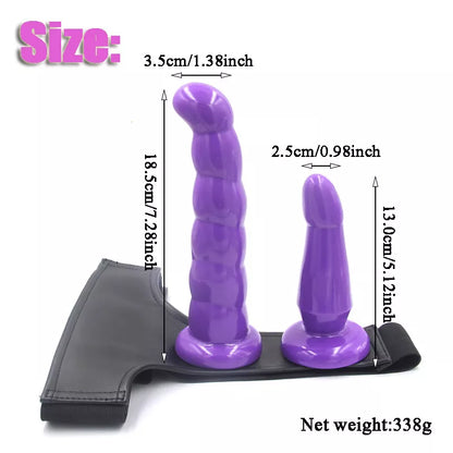 Double Strap On Harness Set Adjustable Couples Strap-On with 2 Dildos Purple & Black