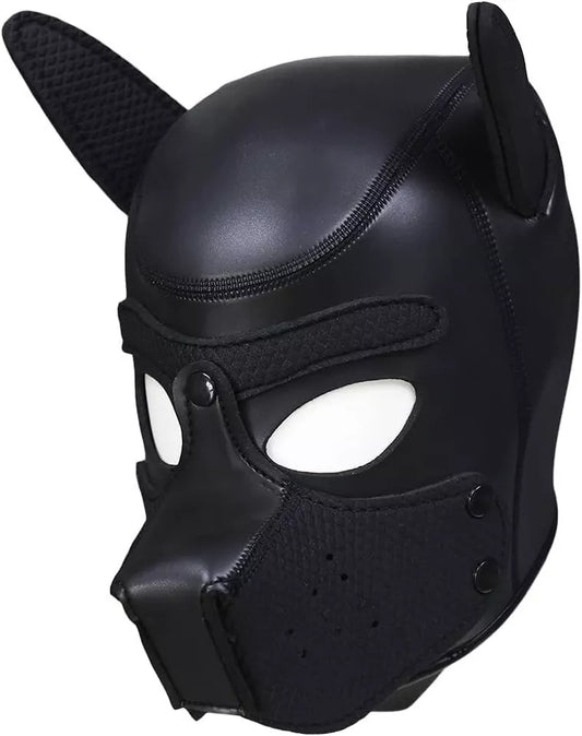 Black Puppy Play Mask Hood – Faux Leather Fetish Roleplay Mask with Ears