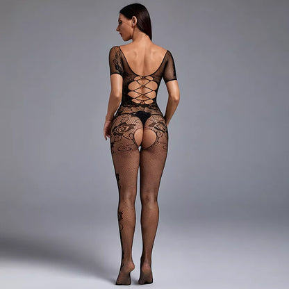 Womens Sexy Lingerie See-Through Mesh Bodystocking Full Body Stockings Fishnet Lace Babydoll Nightwear Sleeveless Hollow Out Stripe Stretchy Tights Naughty Jumpsuit