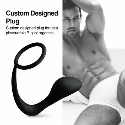 Silicone Prostate Massager with Cock Ring Waterproof Anal Plug Stimulator Black