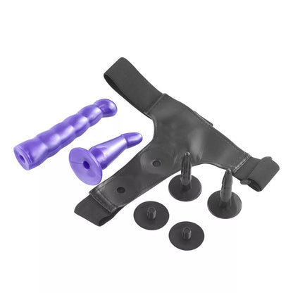 Double Strap On Harness Set Adjustable Couples Strap-On with 2 Dildos Purple & Black