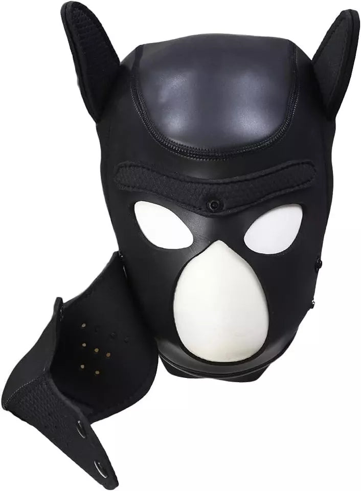 Adult Puppy Hood Mask, Soft Neoprene Black Dog Costume for Men – Full Face Kinky Fetish Pup Play, BDSM Puphood, Cosplay, Halloween, Gimp Muzzle, Sissy Kink, Furry Bondage Accessory