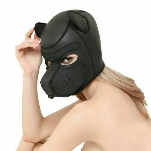 Adult Puppy Hood Mask, Soft Neoprene Black Dog Costume for Men – Full Face Kinky Fetish Pup Play, BDSM Puphood, Cosplay, Halloween, Gimp Muzzle, Sissy Kink, Furry Bondage Accessory