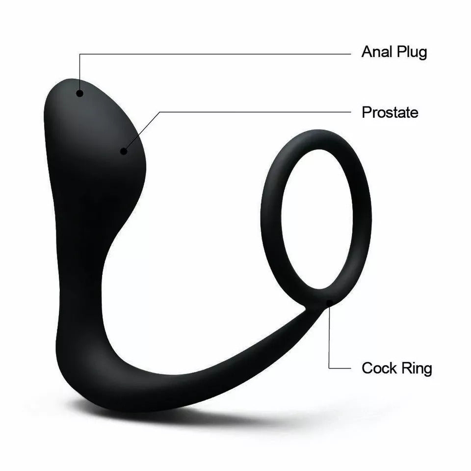 Silicone Prostate Massager with Cock Ring Waterproof Anal Plug Stimulator Black