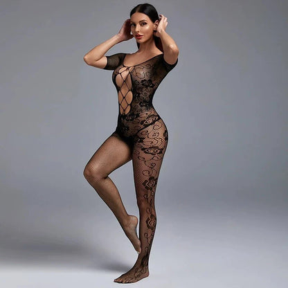 Womens Sexy Lingerie See-Through Mesh Bodystocking Full Body Stockings Fishnet Lace Babydoll Nightwear Sleeveless Hollow Out Stripe Stretchy Tights Naughty Jumpsuit