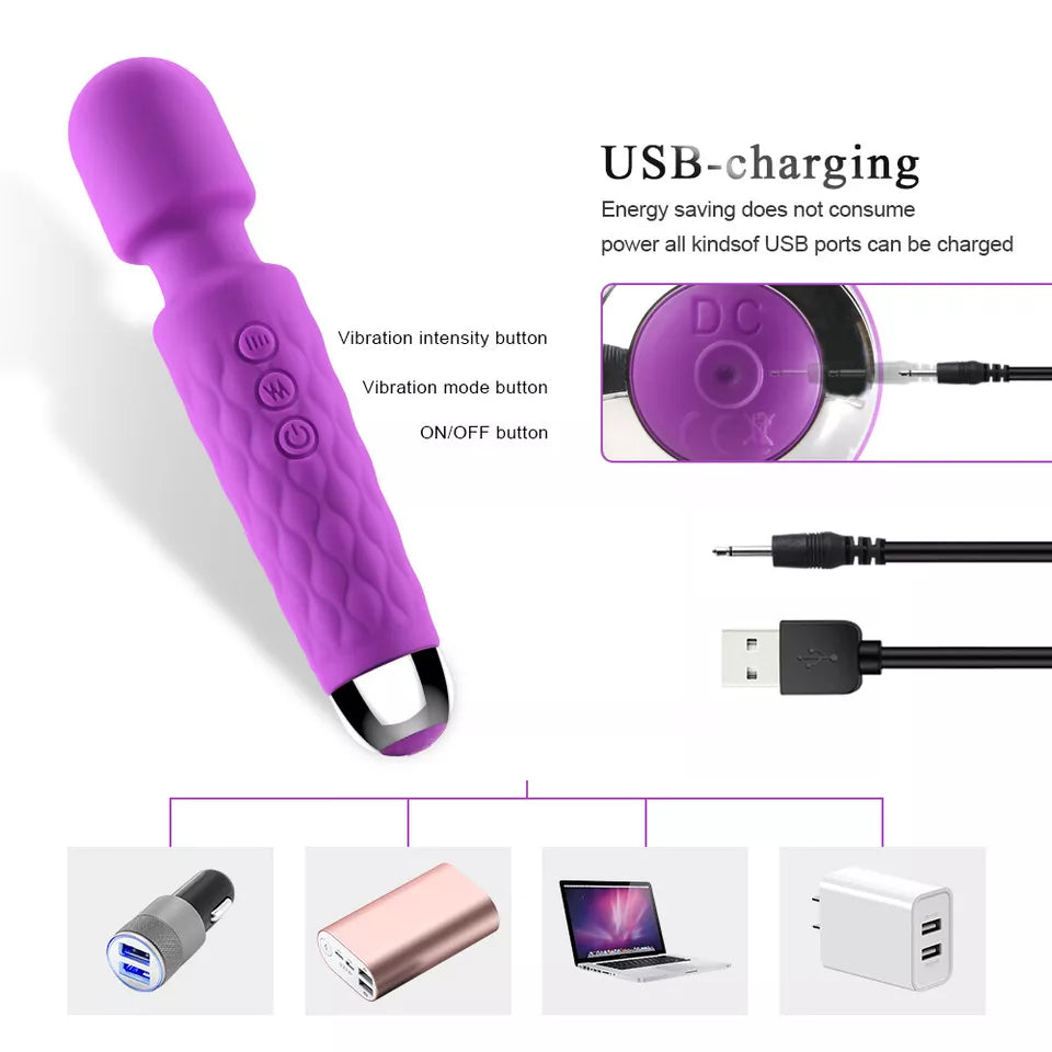 Rechargeable Wand Vibrator with 20 Stimulating Modes & 8 Powerful Speeds - Adult Sex Toys for Couple Waterproof Wands for Adults in Safe Silicone - Quiet Small & Slim Vibrating Magic Wand