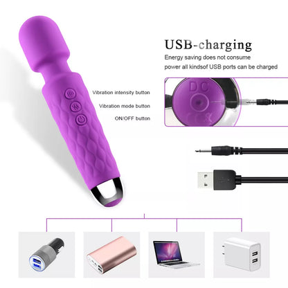 Rechargeable Wand Vibrator with 20 Stimulating Modes & 8 Powerful Speeds - Adult Sex Toys for Couple Waterproof Wands for Adults in Safe Silicone - Quiet Small & Slim Vibrating Magic Wand