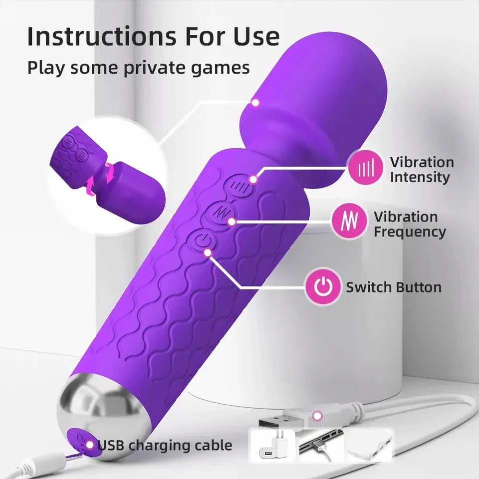 Rechargeable Wand Vibrator with 20 Stimulating Modes & 8 Powerful Speeds - Adult Sex Toys for Couple Waterproof Wands for Adults in Safe Silicone - Quiet Small & Slim Vibrating Magic Wand