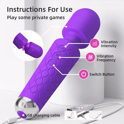 Rechargeable Wand Vibrator with 20 Stimulating Modes & 8 Powerful Speeds - Adult Sex Toys for Couple Waterproof Wands for Adults in Safe Silicone - Quiet Small & Slim Vibrating Magic Wand